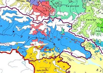 Иллюстрация 4: Расположение осетинского населения в Грузии и России по Артуру Цуциеву. (Этнический состав Абхазии до 1992 г. был настолько сложен, что отобразить его на карте практически невозможно)