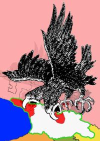 Иллюстрация 6: Современный грузинский плакат, представляющий Россию в виде двуглавого орла, рвущего Абхазию и Юго-Осетию/Шида Картли из тела Грузии